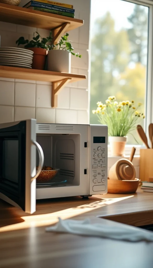 A cozy kitchen scene with morning sunlight streaming through the window, highlighting an open microwave on the countertop. A bowl of food is inside the microwave, with plants, dishes, and cookbooks neatly arranged on shelves above, adding to the warm and inviting atmosphere.