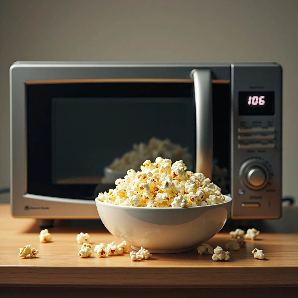 A bowl of freshly popped popcorn in front of a modern microwave oven. A few popcorn pieces are scattered on the wooden surface, and the microwave display shows a timer set to 1:06. The scene is warm and inviting, evoking a cozy snack-time atmosphere.