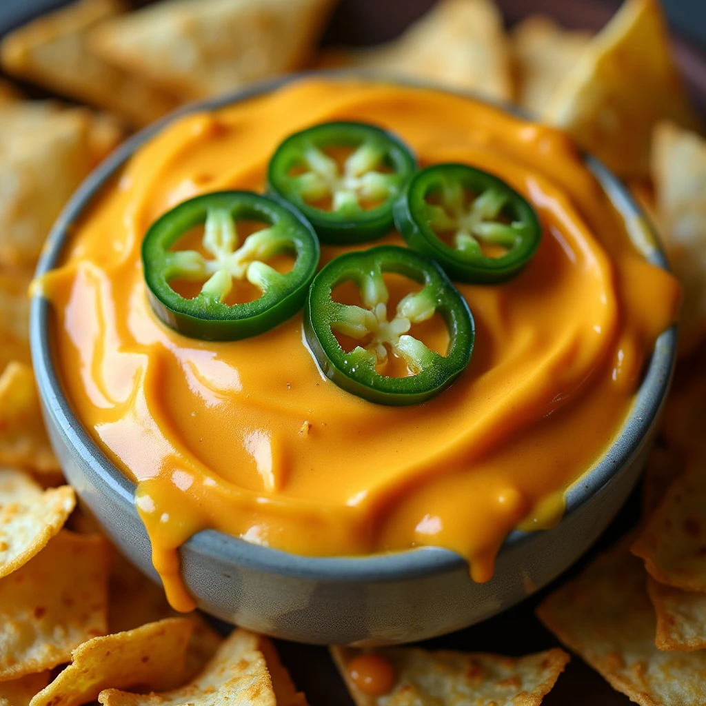 A bowl of creamy nacho cheese topped with sliced jalapenos, with tortilla chips scattered around the bowl. The cheese is vibrant and rich, with the green jalapenos adding a spicy touch, creating a visually appealing and appetizing snack.