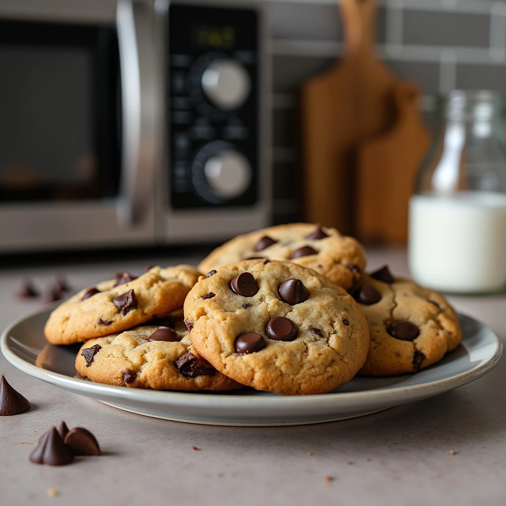 A close-up, photo-realistic image of a plate of freshly baked chocolate chunk cookies placed on a kitchen countertop near a modern stainless steel microwave. The cookies are golden brown with large, melted chocolate chunks. In the background, a glass bottle of milk and a cutting board add to the warm and cozy kitchen setting.