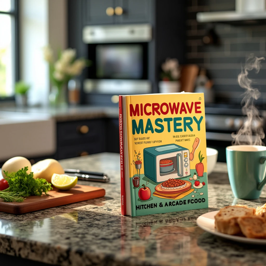 The image features a colorful book titled Microwave Mastery standing upright and open on a granite kitchen countertop. The book cover displays a playful illustration of a microwave surrounded by food items like a pizza, an apple, and a steaming mug. The scene is set in a modern kitchen with dark cabinetry and stainless steel appliances visible in the background. Surrounding the book are various kitchen items, including a cutting board with fresh herbs, a lemon, and a knife, as well as a steaming mug and a plate of bread slices. Soft natural light filters through a nearby window, creating a warm and inviting atmosphere, suggesting someone is in the midst of preparing a meal using the book for inspiration.